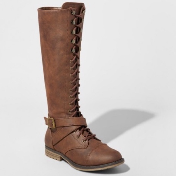 Mossimo Supply Co. Shoes - NEW Knee High Leather Brown Lace Up Buckle Boots